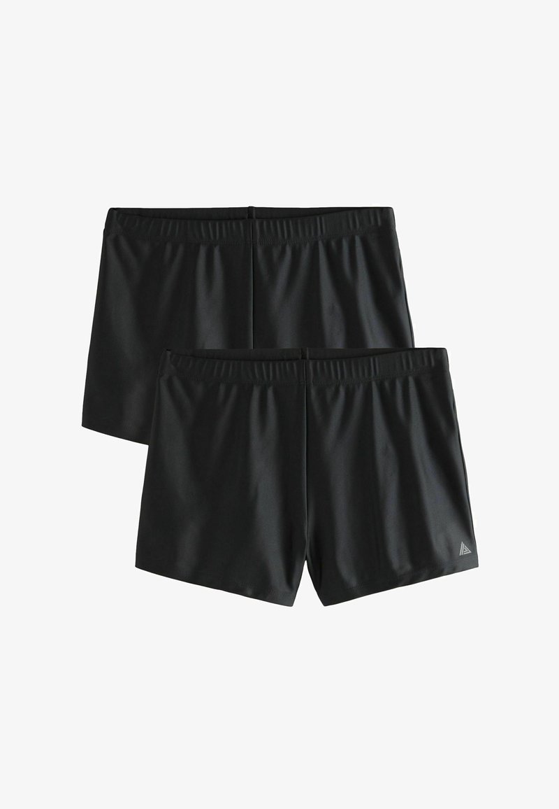 Deux paires de shorts de sport noirs avec ceintures élastiques, design simple et un petit logo triangulaire sur une jambe, présentées sur fond blanc.