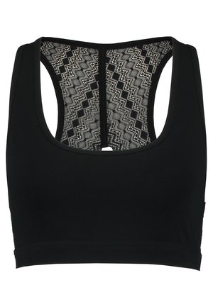 Schwarzes Sport-Bra mit ärmellosem Design und einem gemusterten Mesh-Rücken für Atmungsaktivität und Stil. Weicher, dehnbarer Stoff für Komfort.