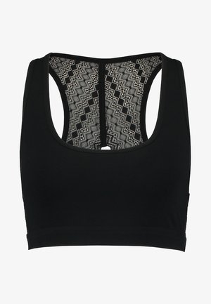Čierny športový podprsenka s bezrukávovým dizajnom a vzorovaným sieťovaním na zadnej strane pre priedušnosť a štýl. Mäkka, elastická tkanina pre pohodlie.