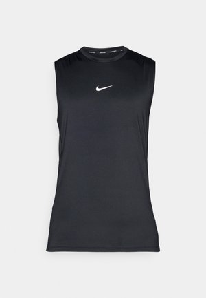 Schwarzes ärmelloses Sportoberteil aus glattem, leichtem Material. Verfügt über einen runden Halsausschnitt und ein weißes Nike-Logo auf der Brust.