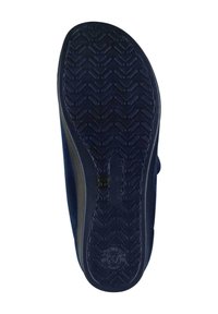 Navy shoe sole with a textured herringbone pattern, rubber material, and a smooth edge. Features a branding logo on the heel area.