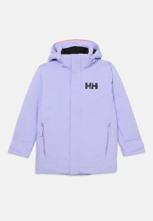 Giacca outdoor viola con colletto alto, tasche laterali con zip e fodera della cappuccio arancione a contrasto. Logo nero sul petto.