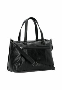 Borsa a tracolla nera in pelle con due manici superiori, tracolla regolabile, tasca frontale con zip e superficie liscia.