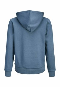 Blå hættetrøje med glat tekstur, ribstrikkede manchetter og bundkant. Har en kængurulomme og minimalistisk design. Set bagfra.