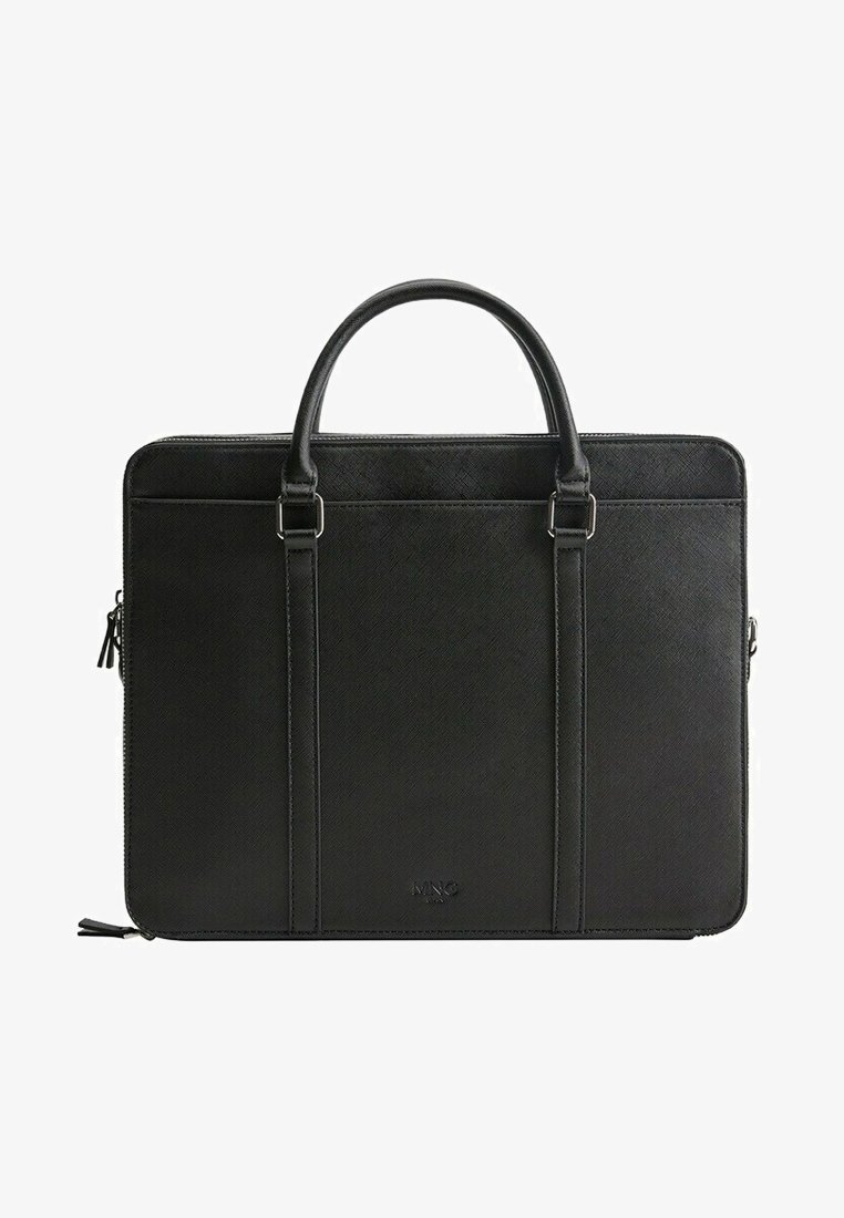 Sacoche d'ordinateur portable noire en matériau synthétique texturé, dotée de deux poignées, de deux sangles verticales et d'une fermeture éclair. Design minimaliste sans logos visibles.