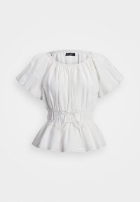 Fehér peplum blúz, könnyű anyagból készült, rugalmas nyakkivágással, puffos ujjakkal és diszkrét hímzett részletekkel.