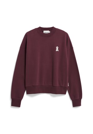 Bordeauxfarbener Cropped-Sweatshirt mit rundem Ausschnitt, überschnittenen Schultern und einem weißen Ripsband-Logo auf der Brust. Weicher Stoff mit glatter Textur.