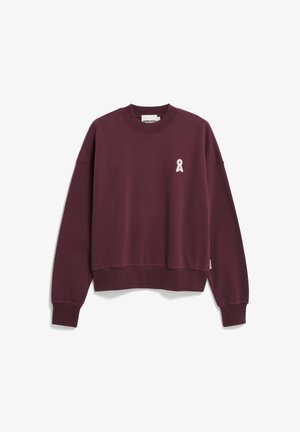 Bordeauxfarbener Cropped-Sweatshirt mit rundem Ausschnitt, überschnittenen Schultern und einem weißen Ripsband-Logo auf der Brust. Weicher Stoff mit glatter Textur.