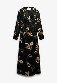 Czarna sukienka z długim rękawem z kwiatowym wzorem w kolorze czerwonym, białym i zielonym. Wykonana z gładkiej tkaniny, z dopasowaną górą i zwiewnym dołem.