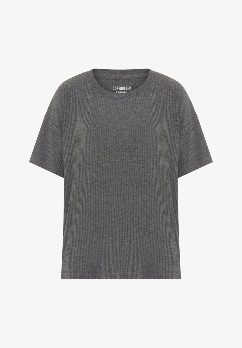 Tamsiai pilka trumpomis rankovėmis ribuoto mezgimo marškinėliai su apvalia iškirpte ir laisvu siluetu iš Copenhagen Studios.