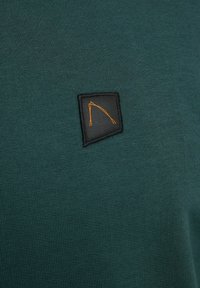 Țesătură verde închis, cu o tricotare texturată. Prezintă o mică pată neagră cu o margine portocalie în formă de munte.