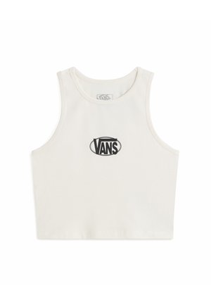 Valkoinen cropped-toppi, valmistettu puuvillasta. Keskellä musta Vans-logo. Sileä pinta, pyöreä kaula-aukko ja leveät hihansuut.