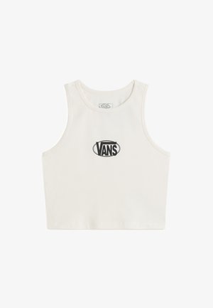 Valkoinen cropped-toppi, valmistettu puuvillasta. Keskellä musta Vans-logo. Sileä pinta, pyöreä kaula-aukko ja leveät hihansuut.