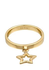 Goldfarbener Ring aus 925er Silber mit einem glatten Band und einem sternförmigen Anhänger, der vorne an einer Schlaufe hängt; glänzende Oberfläche, minimalistisches Design.