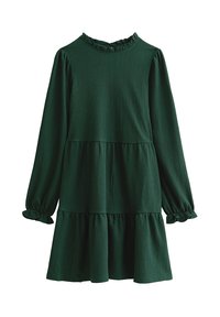 Zielona, teksturowana sukienka z długimi rękawami i falbaniaste wykończenie przy dekolcie. Posiada wielowarstwowy fason oraz elastyczne mankiety zapewniające luźne dopasowanie.