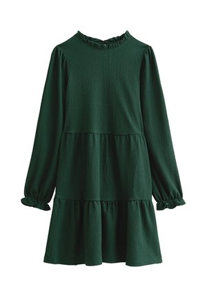 Groene jurk met textuur, lange mouwen en een gerimpelde halslijn. Heeft een gelaagd ontwerp en elastische manchetten voor een comfortabele pasvorm.