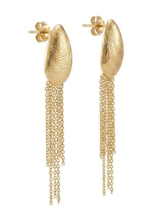 Ohrringe in Goldton mit strukturierten ovalen Oberteilen und mehreren zarten Kettentasseln, die darunter in einem schlanken, modernen Design hängen.