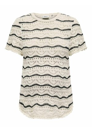 Korte mouwen kant t-shirt in crèmekleur met zwarte golvende strepen, met een ronde halslijn en een geschulpte zoom. Fijn patroon over het hele shirt.