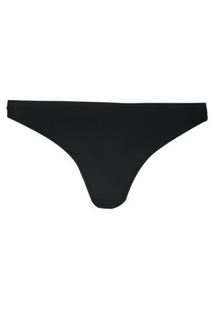 Black thong bikini bottom with a smooth fabric texture, minimalistic design, and narrow sides, featuring no additional embellishments.