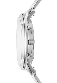 Montre-bracelet en métal argenté avec un boîtier rond, trois boutons-poussoirs et une lunette lisse. Présente un design minimaliste et une finition polie.
