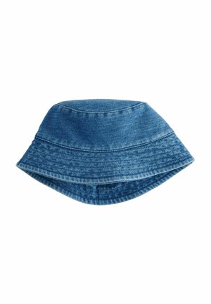 Blauer Denim-Bucket-Hut mit weicher Textur, breiter Krempe und gesteppten Details. Das Design ist lässig und funktional.