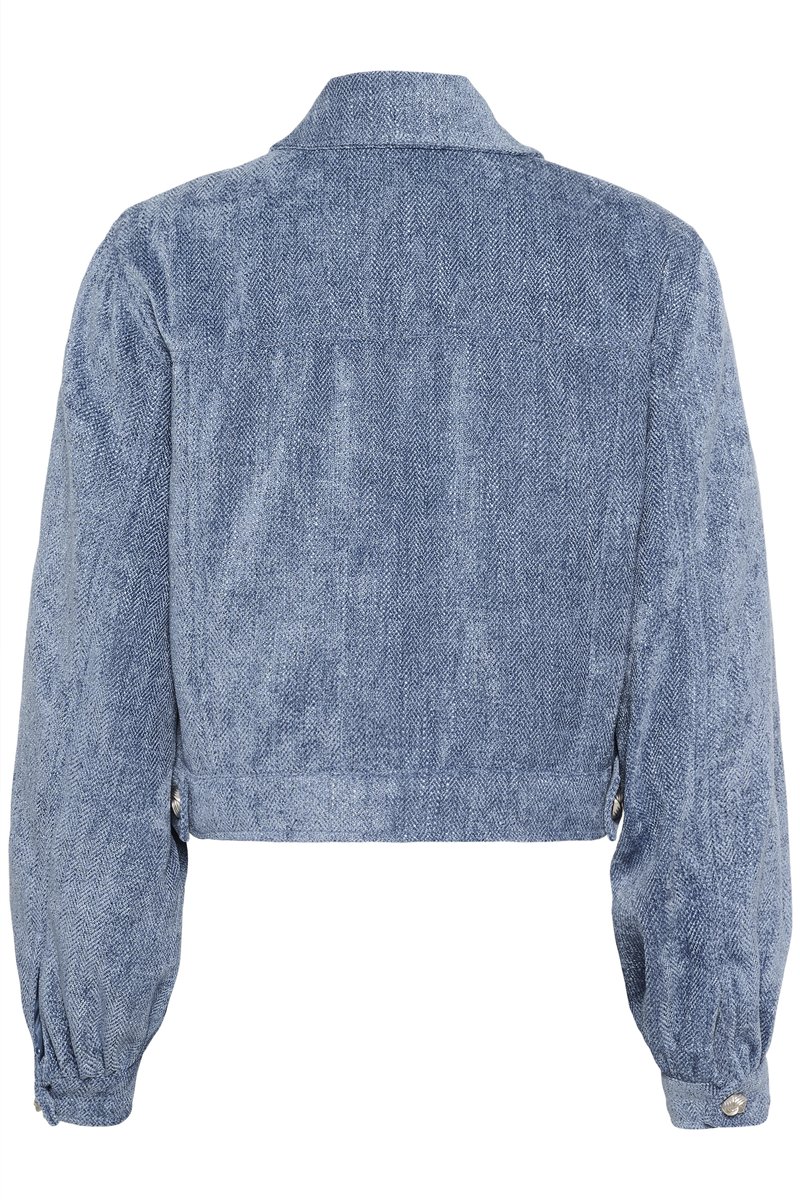 Cropped denim jacket in light blue with herringbone texture, a collared neck, and elasticized puff sleeves featuring buttoned cuffs.