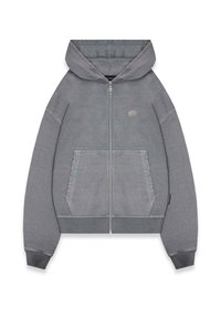 Gray zip-up hoodie made of soft fabric, featuring a hood, two front pockets, and ribbed cuffs. Has a small logo on the chest.