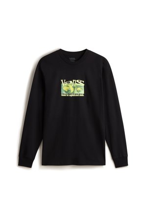 T-shirt Vans noir à manches longues avec un motif vert et le texte "Vans visuals for sophisticated minds" au centre devant.