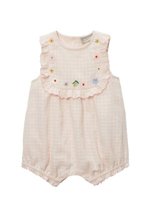 Barboteuse bébé sans manches rose pâle avec col bavette volanté et petite broderie florale colorée sur le devant. Ouvertures élastiques aux jambes.
