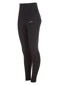 High-waisted black leggings made of stretchy material, featuring flat seams and a small logo on the side. Smooth texture and fitted design.