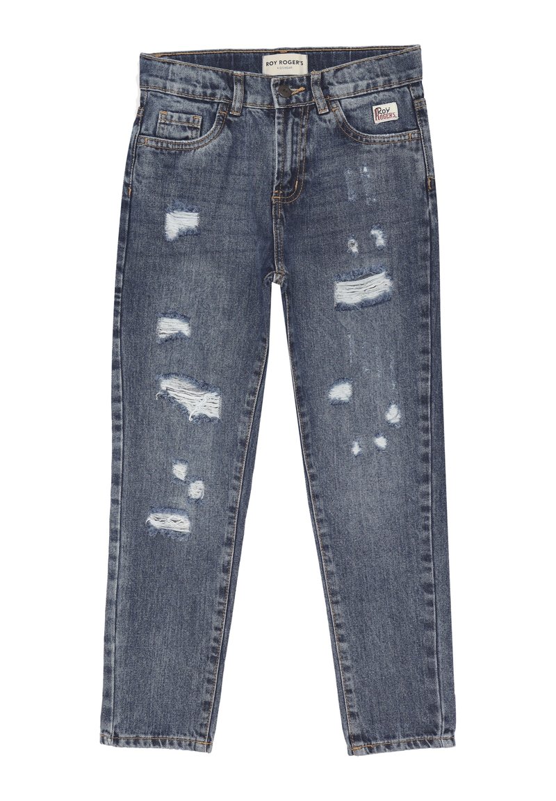 Jeans in denim blu scuro consumati con molteplici strappi e toppe sfilacciate. Design classico a cinque tasche con chiusura a bottone e zip.