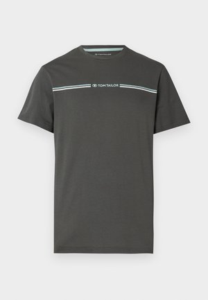 Gray short-sleeve T-shirt made of cotton with a crew neckline and a horizontal striped design in light blue across the chest.