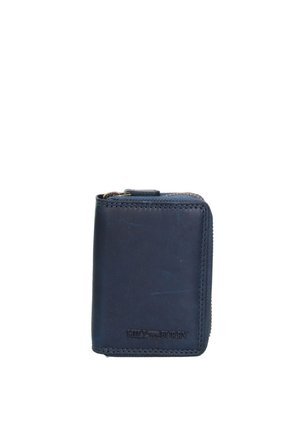 Portefeuille en cuir bleu marine avec fermeture éclair, présentant des coutures visibles et un logo de la marque embossé sur le devant. Design compact et élégant.