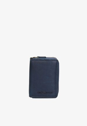 Navy blue leather wallet with a zipper closure, featuring visible stitching and a brand logo embossed on the front. Compact and sleek design.