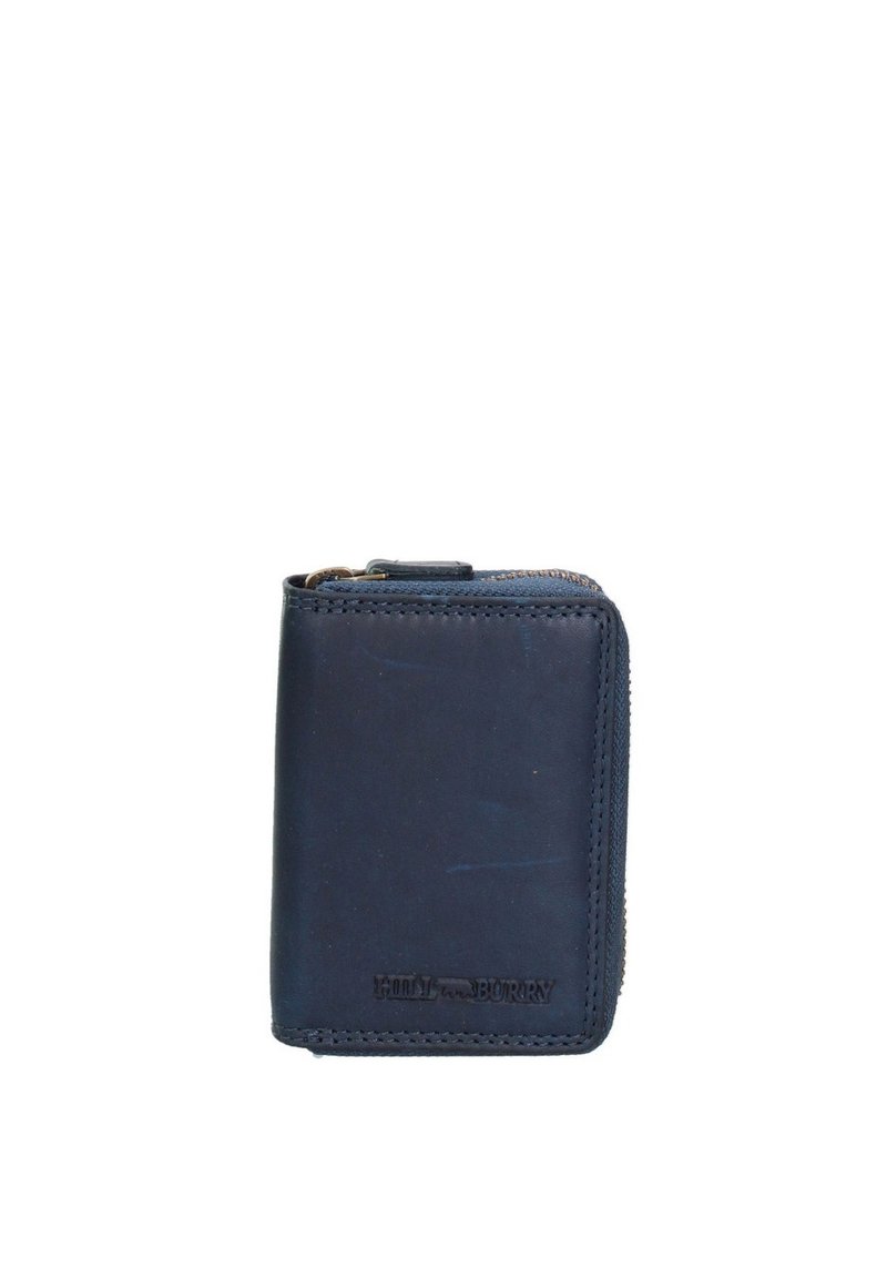 Portafoglio in pelle blu navy con chiusura a zip, caratterizzato da cuciture a vista e un logo del marchio impresso sulla parte anteriore. Design compatto e slanciato.