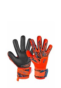 Guanti da portiere con palmi in lattice nero, dorso in tessuto arancione con motivi geometrici, dettagli blu e cinturini regolabili sui polsi.