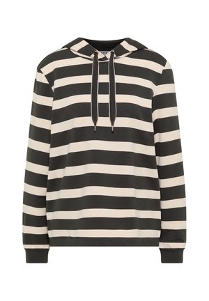 Czarna i biała bluza z kapturem w poziome paski, z długim rękawem, sznurkami do regulacji i prążkowanymi mankietami.