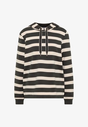 Czarna i biała bluza z kapturem w poziome paski, z długim rękawem, sznurkami do regulacji i prążkowanymi mankietami.