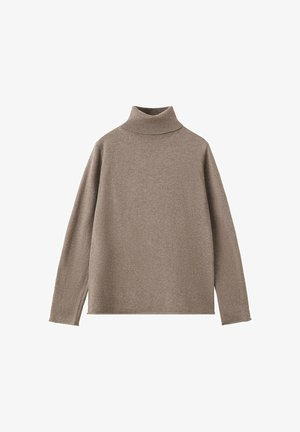 Pull à col roulé marron clair à manches longues avec col côtelé et texture tricotée simple et lisse sur fond blanc.