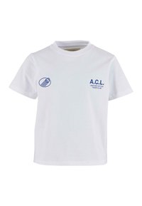 Balts kokvilnas T-krekls ar ziliem printētiem logo attēliem: lidojošās bumba un "A.C.L. ANOTHER COTTON TENNIS CLUB" uz priekšu. Īsas piedurknes, apaļš apkakle.