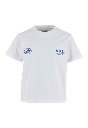 T-shirt en coton blanc avec des logos imprimés bleus : un volant de badminton et "A.C.L. ANOTHER COTTON TENNIS CLUB" à l'avant. Manches courtes, col rond.
