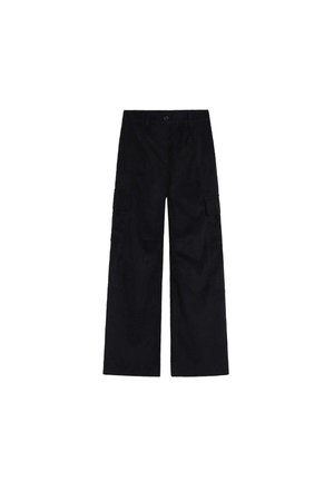 Pantalones cargo de pierna ancha en color negro, hechos de una tela duradera, con dos grandes bolsillos laterales, un cierre de botón y un corte recto y relajado.