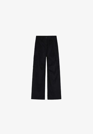 Schwarze, weiter geschnittene Cargo-Hosen aus strapazierfähigem Material mit zwei großen Seitentaschen, einem Knopfverschluss und einer geraden, lässigen Passform.