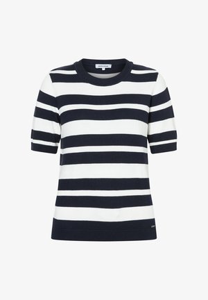 Marineblauer und weiß gestreifter kurzärmeliger Strickpullover mit Rundhalsausschnitt und geripptem Saum. Hergestellt aus weichem Stoff mit glatter Textur.