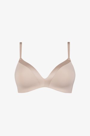 Beige langaton rintaliivi, jossa on sileä ja matta kangas; siinä on syvä pääntie, säädettävät ohuet hihnat ja saumatonta kuppeja mukavuutta varten.