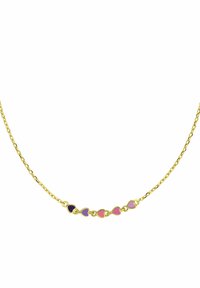 Gouden ketting met kleine, verbonden hartjescharms in paarse, roze en lichtroze emaille. Verstelbare lengte met een klassiek design.