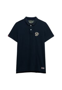 Marineblaues Poloshirt aus Baumwolle, mit Kragen, Dreiknopf-Leiste und gesticktem Logo auf der Brust. Kurzärmlig und mit einem Etikett am Saum.
