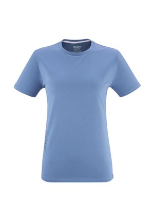 T-shirt à manches courtes bleu clair en tissu doux. Il présente un col rond et un petit motif graphique en bas à gauche.