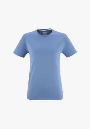 Light blue short-sleeve t-shirt made from soft fabric. Features a crew neckline and a small graphic design on the lower left side.