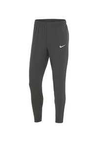 Pantaloni sportivi grigi con design affusolato, vita elastica e sottili accenti rossi sui lati. Presentano un logo Nike bianco sul davanti.